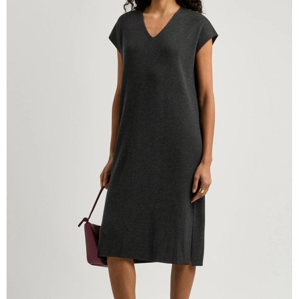 Eileen Fisher Charcoal Grey Ribbed Merino Wool Rib V-Neck Midi Dress Size Small
